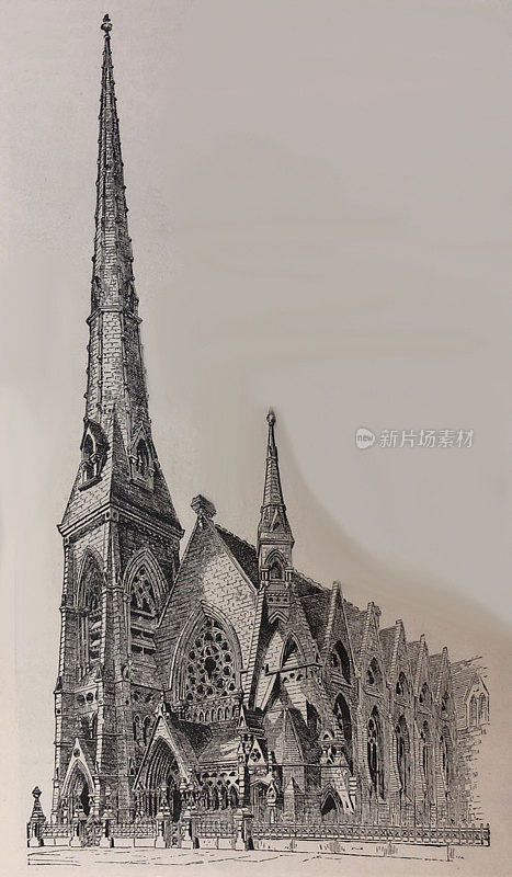 古董插图-纽约1881 -改革宗荷兰教堂-第五大道和四十五街